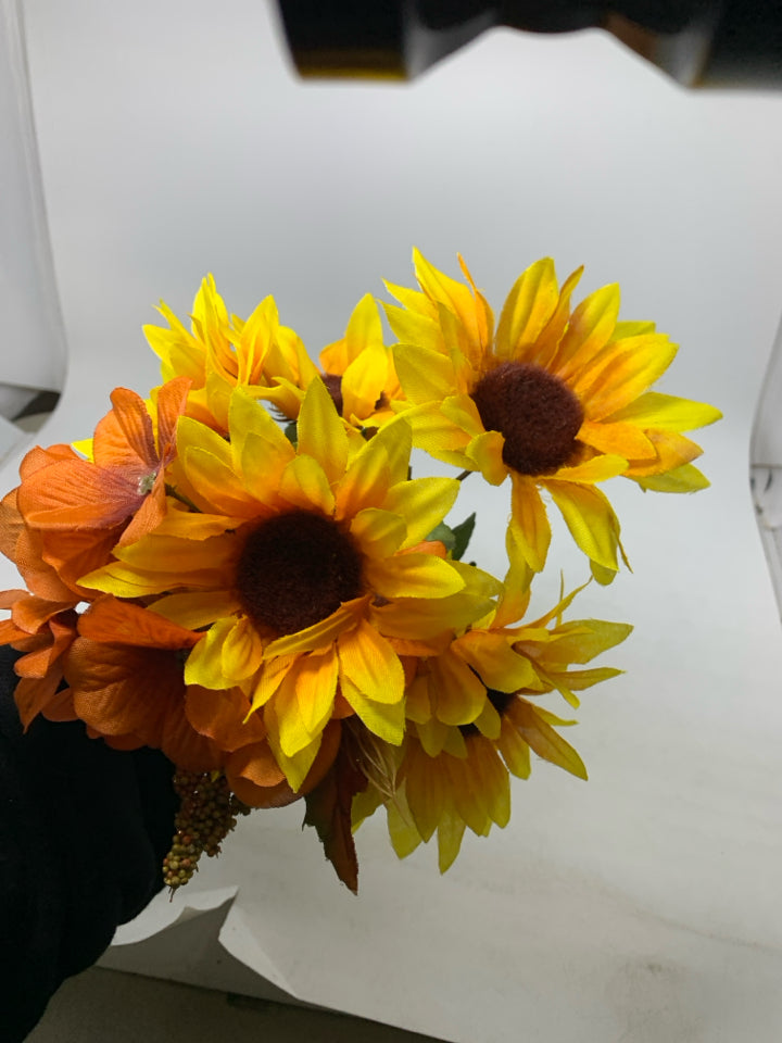 PAINTED SUNFLOWER BOTTLE VASE W/ FAUX SUNFLOWERS.