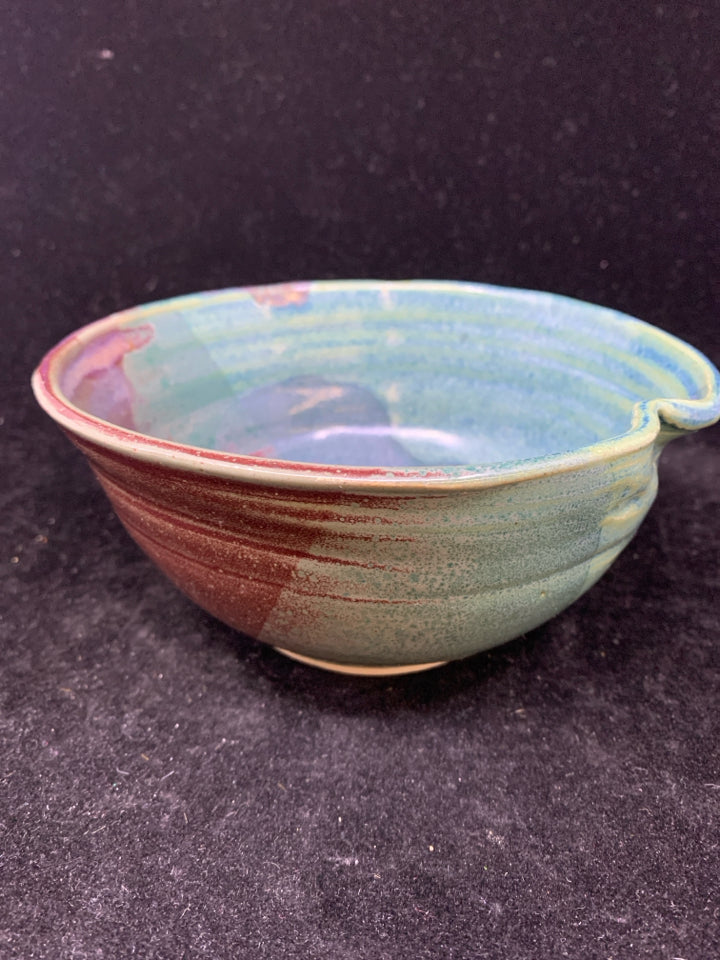TEAL AND PURPLE POTTERY BOWL.