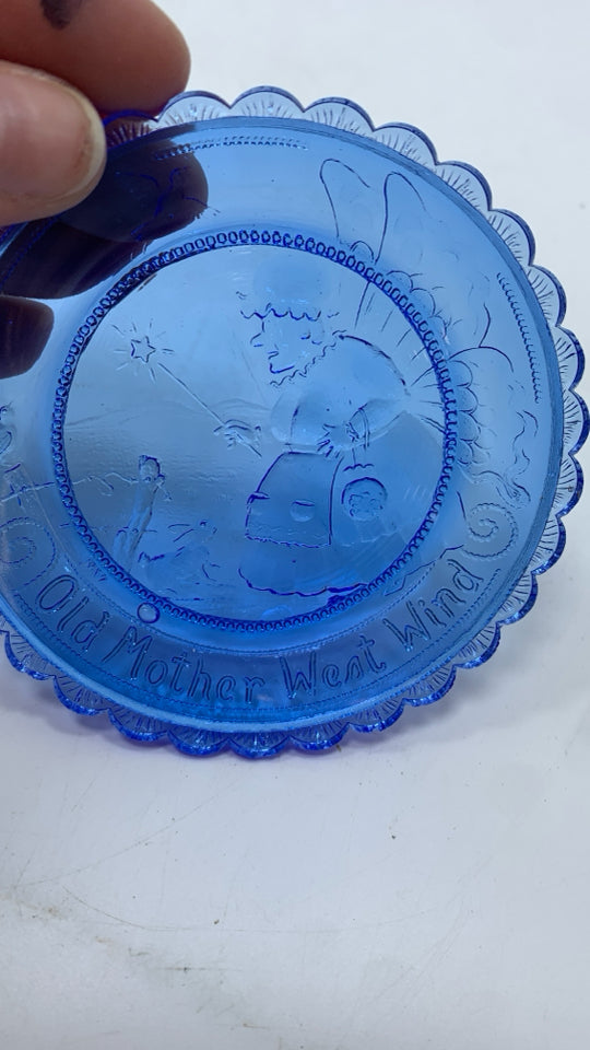 VTG BLUE GLASS CUP PLATE "OLD MOTHER WEST WIND".