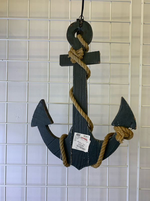 DISTRESSED BLUE ANCHOR W/ ROPE WALL HANGING.