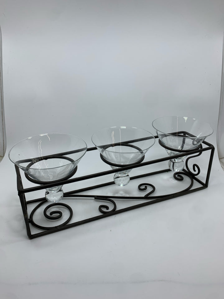 BROWN METAL SCROLL CANDLE CENTERPIECE W/3 GLASS HOLDERS.