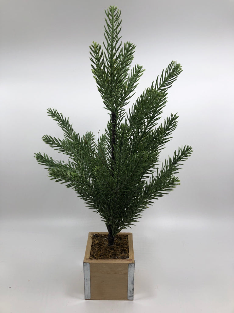 TABLETOP PINE TREE IN SQUARE WOODEN PLANTER.
