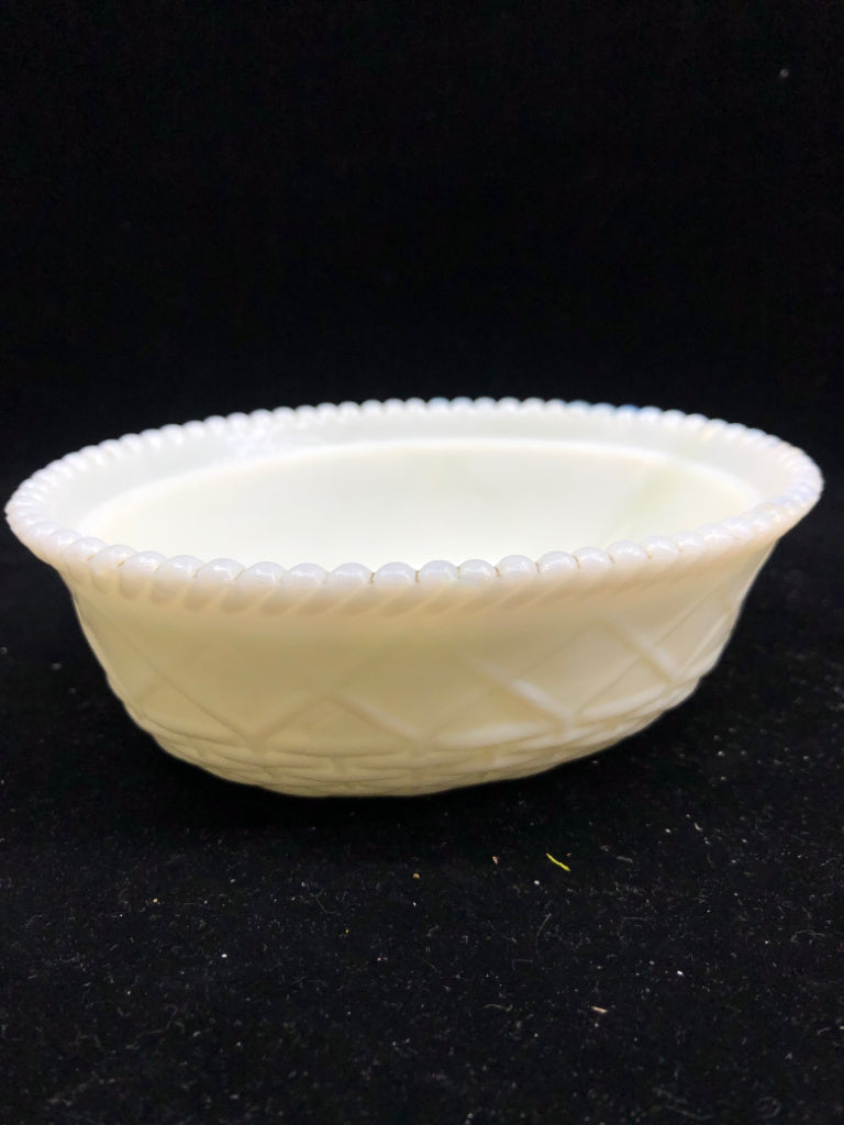 VTG MILK GLASS HEN IN BASKET.