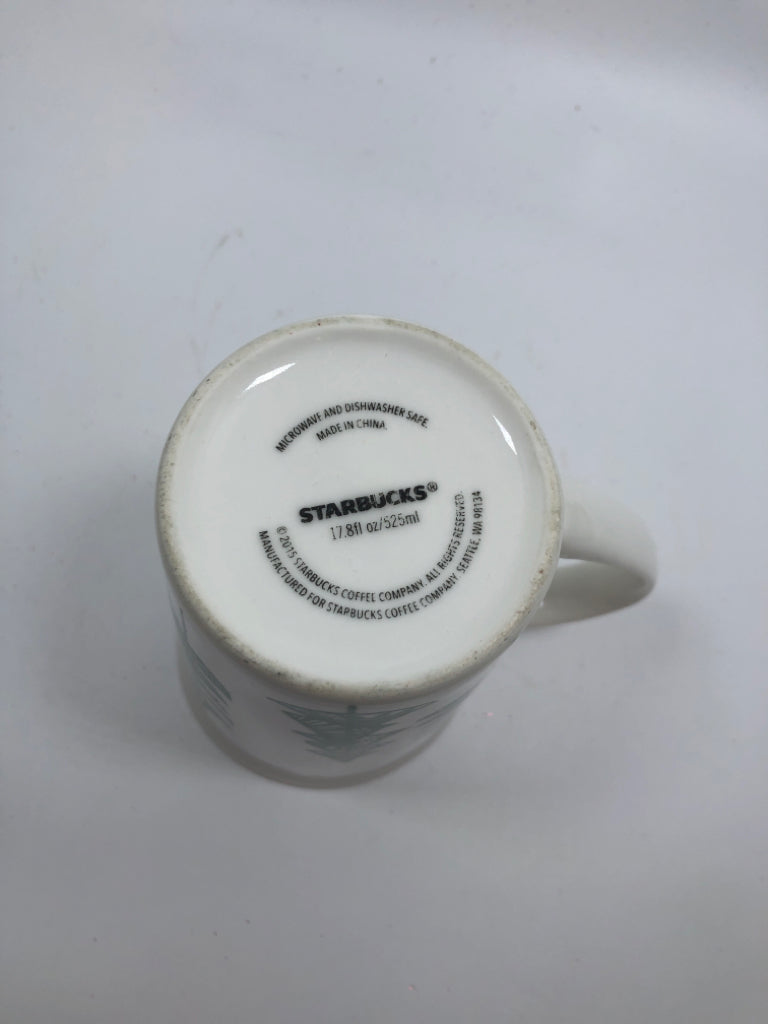 TALL WHITE W/GREEN TREES STARBUCKS MUG.