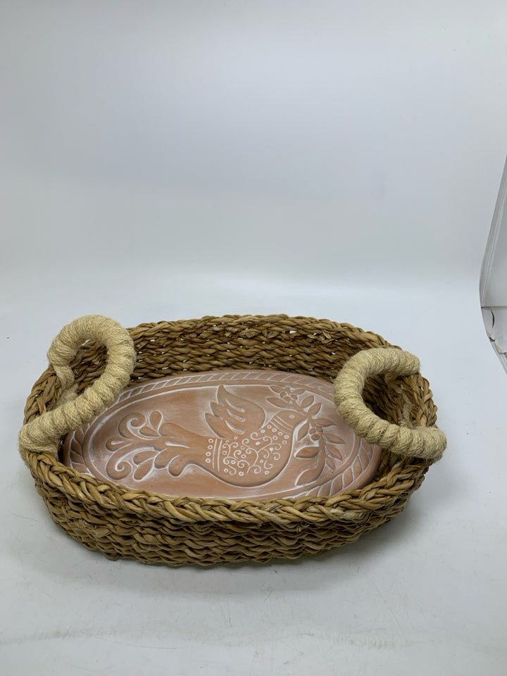 TERRA COTTA EMBOSSED DOVE OVAL BREAD BRICK W/ WOVEN BASKET.