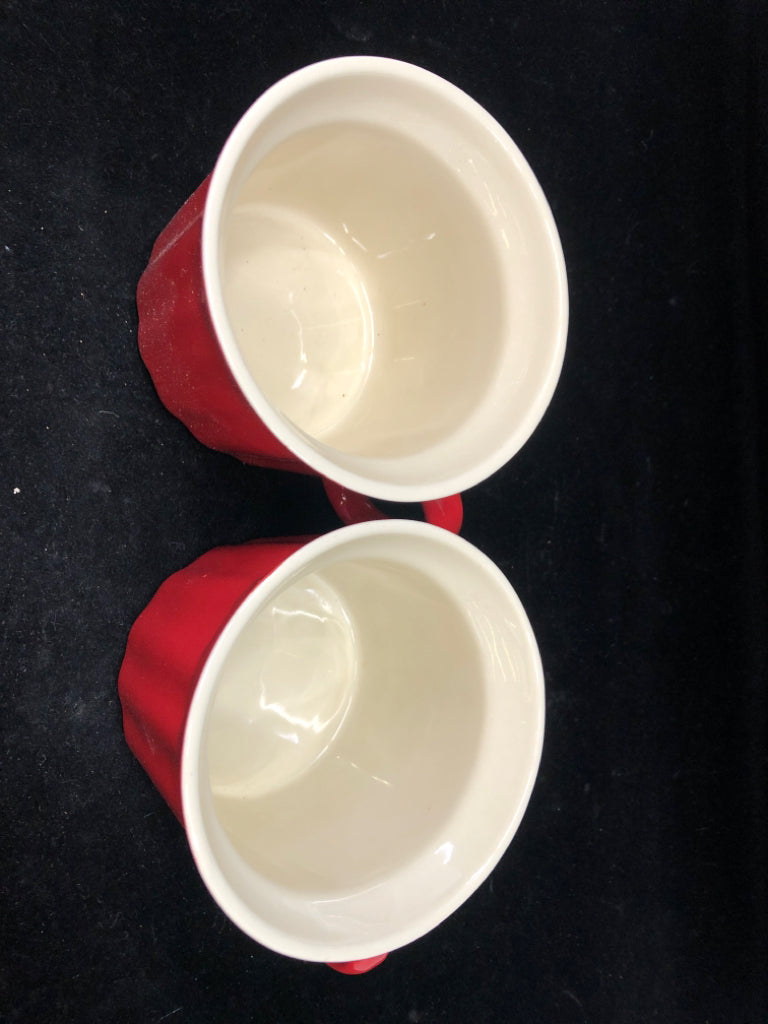 2 RED CERAMIC SOUP MUGS W/HANDLE.