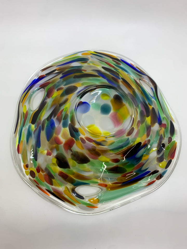 MULTI COLORED BLOWN GLASS BOWL.