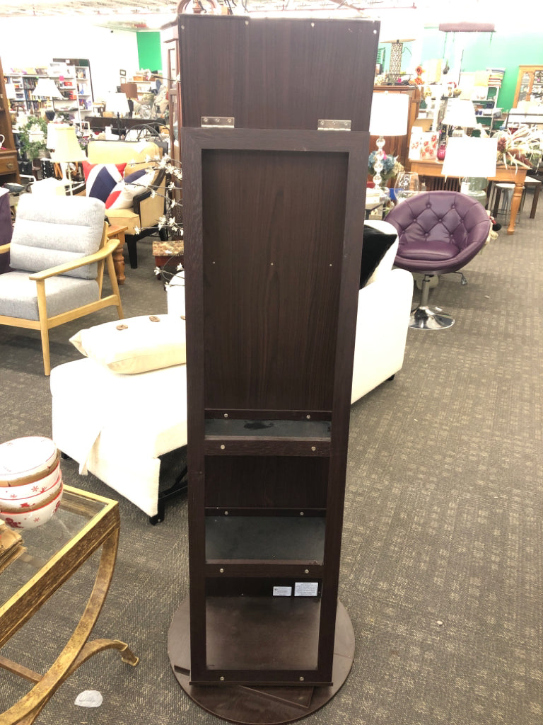DRK WOOD SWIVEL MIRROR W/JEWELRY STORAGE, SHELF STORAGE.