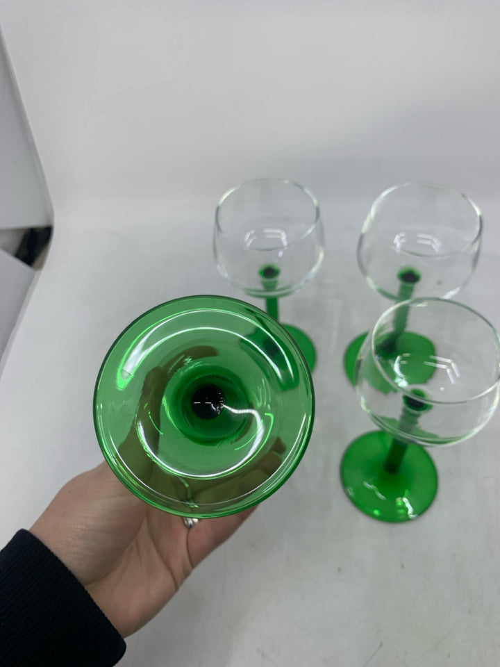 4 GREEN LONG STEM SMALL WINE GLASSES.