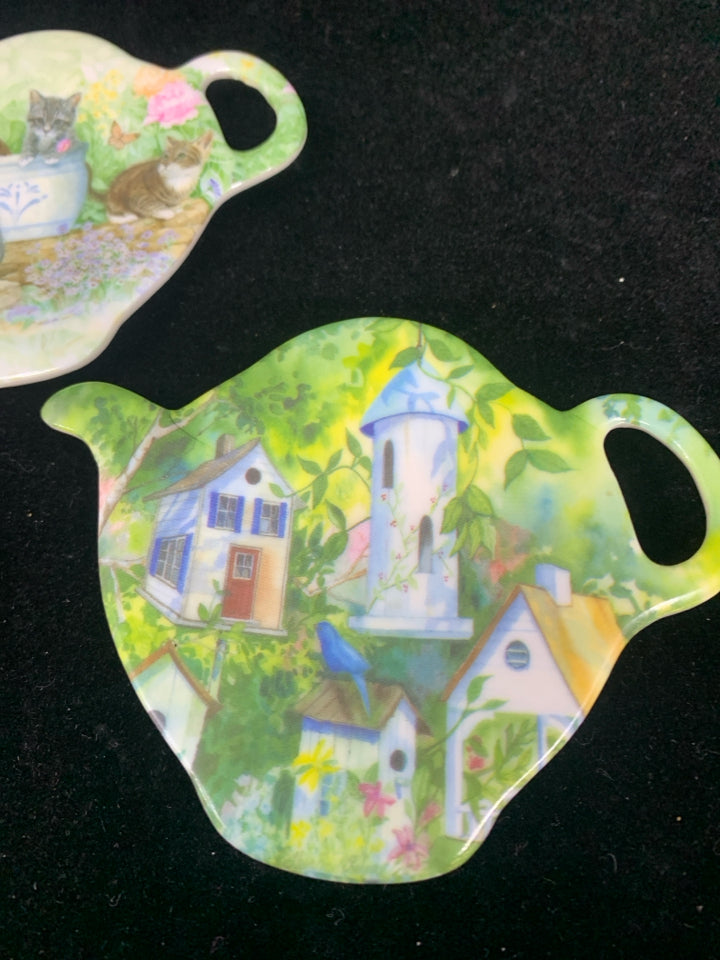 2 PC TEA BAG HOLDER CATS & BIRDHOUSE.