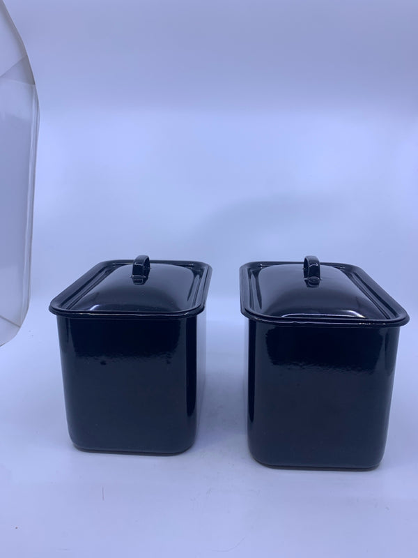 2 BLACK METAL RECTANGLE CANISTERS.