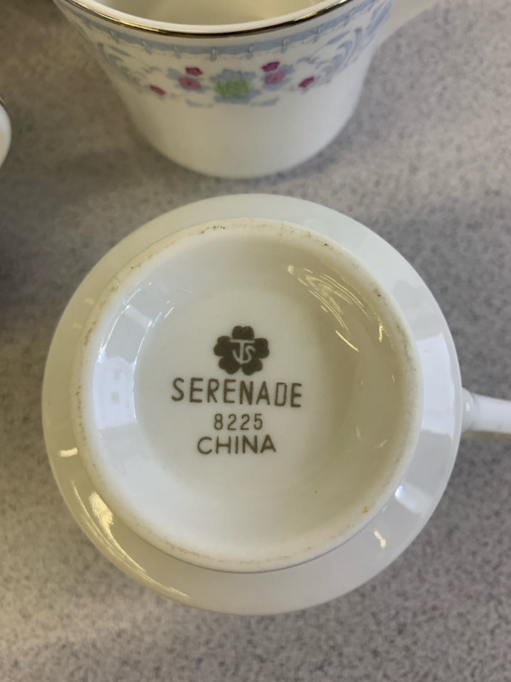 25 PC "SERENADE" LIGHT BLUE PINK FLOWERS PLATINUM TRIM DINNER SET.