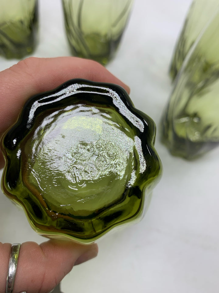 6 VTG AVOCADO GREEN SWIRL WAVE WATER GLASSES.