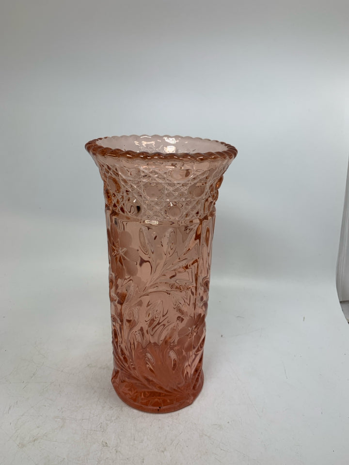 HEAVY PRESSED W/ ETCHED FLOWERS VASE.