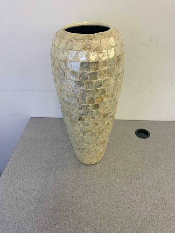 LARGE HEAVY MOSAIC MOTHER OF PEARL VASE.
