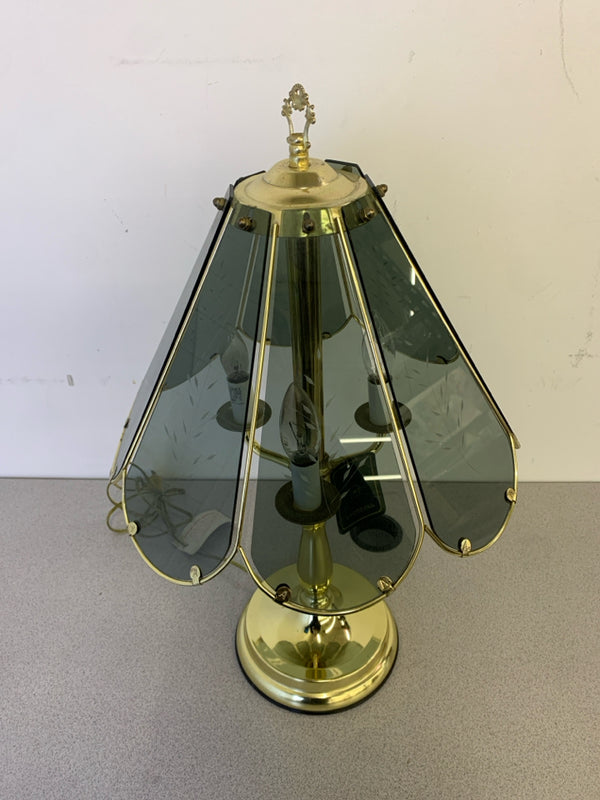 BRASS TOUCH LAMP W/ DARK FROSTED SHADE.