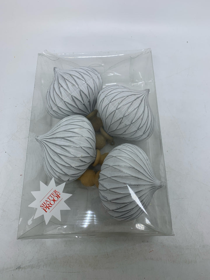 IN BOX 4 SHATTER PROOF PLASTIC SPIRAL ORNAMENTS.