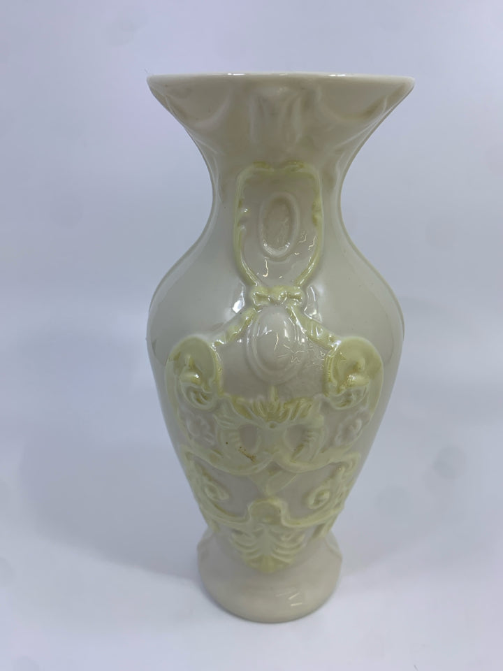 VTG YELLOW PORCELAIN VASE RAISED DESIGN-BELLEEK.