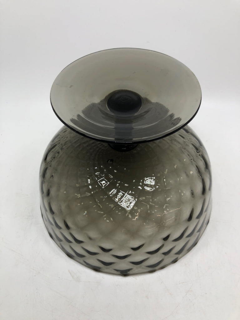 DIAMOND CUT SMOKY GLASS PEDESTAL BOWL.
