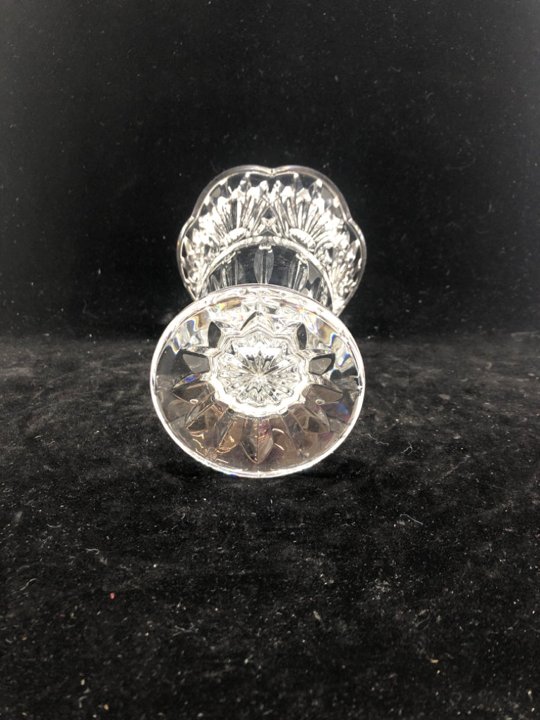CUT GLASS FOOTED VASE W/SCALLOPED EDGE.