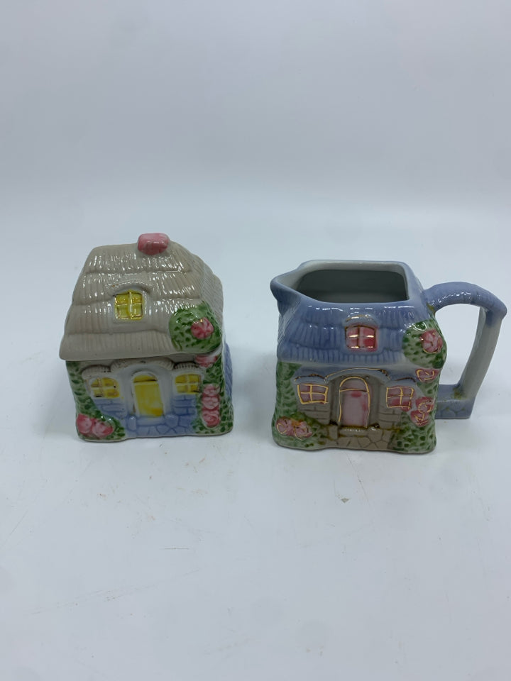 VTG CERAMIC COTTAGE-STYLE SUGAR & CREAMER SET.