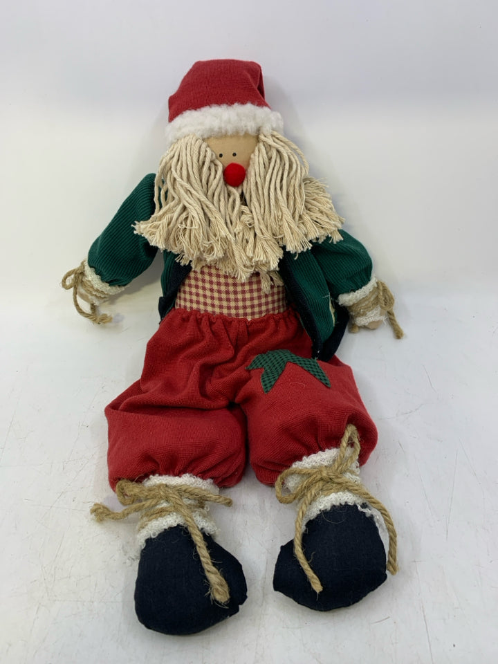 PLUSH PRIMITIVE STYLE SHELF SITTING SANTA GREEN COAT/RED PANTS.
