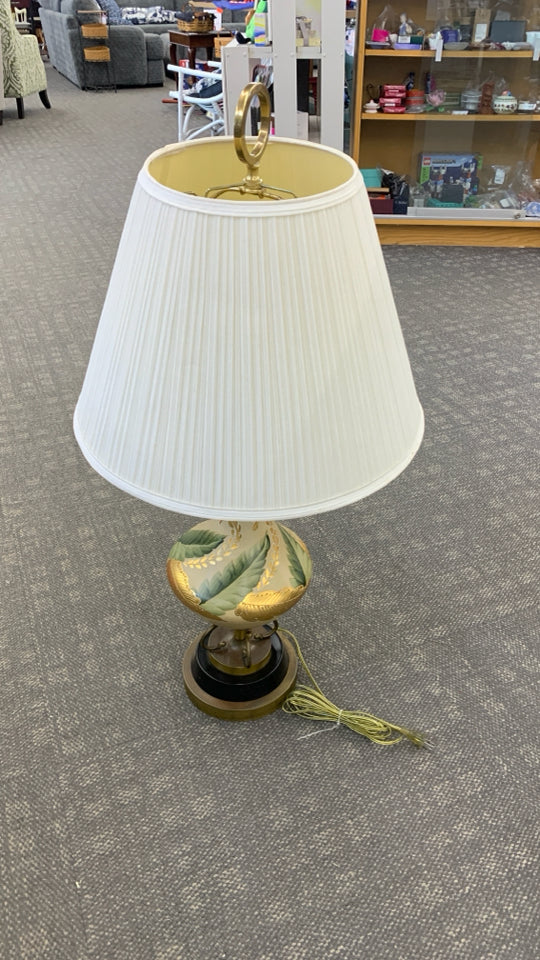 GOLD LEAF PAINTED BRONZE BASE LAMP W/RIBBED SHADE.