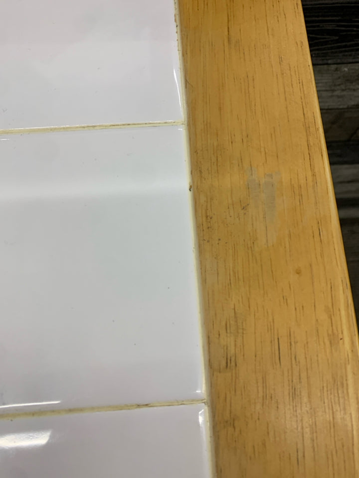 ROLLING KITCHEN CART BLONDE WOOD & WHITE W/TILE COUNTER TOP & 2 DOORS.