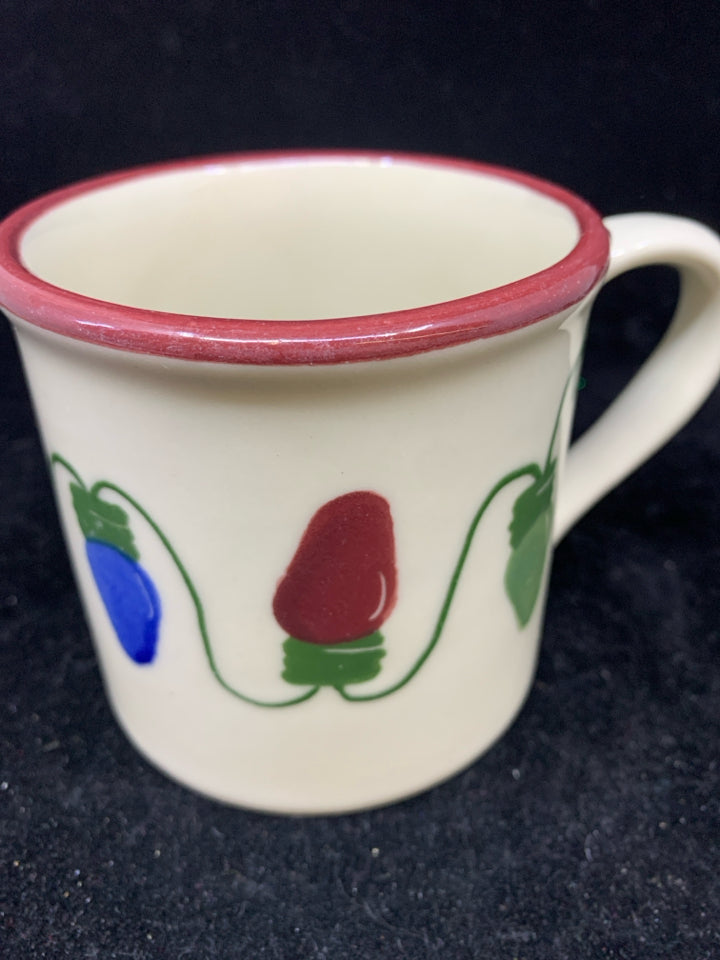 HARTSTONE CHRISTMAS LIGHTS MUG RED RIM.
