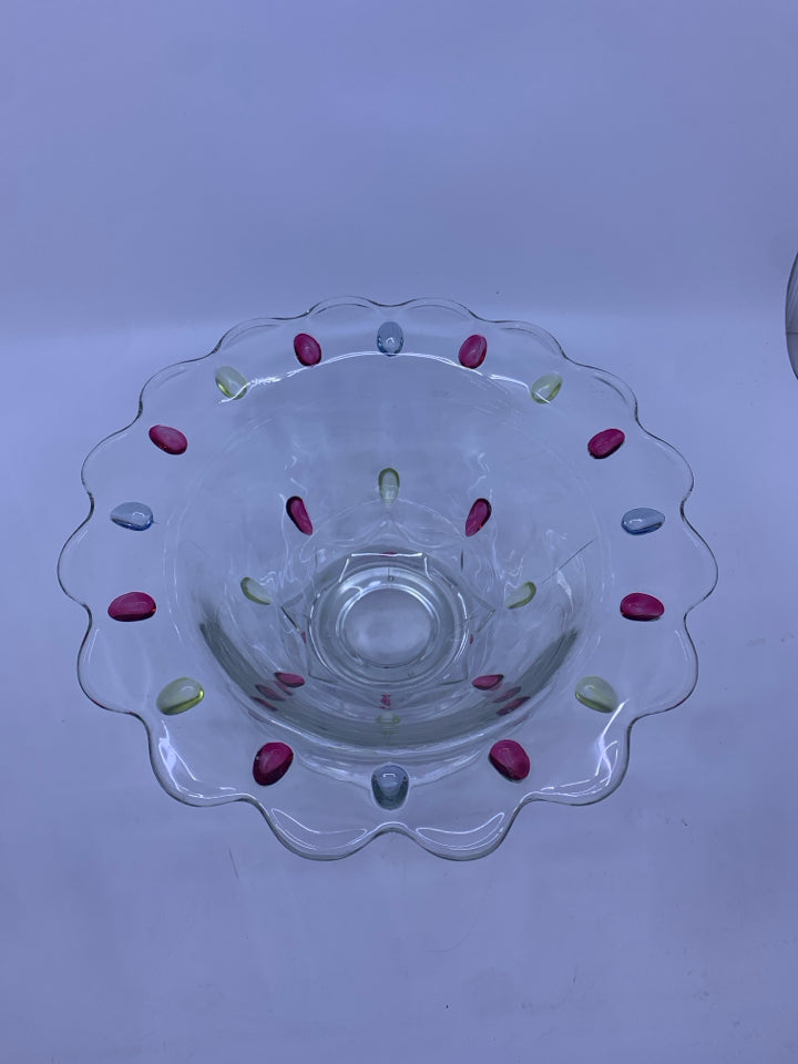 GLASS FOOTED YELLOW AND PINK GEMS PATTERNED BOWL.