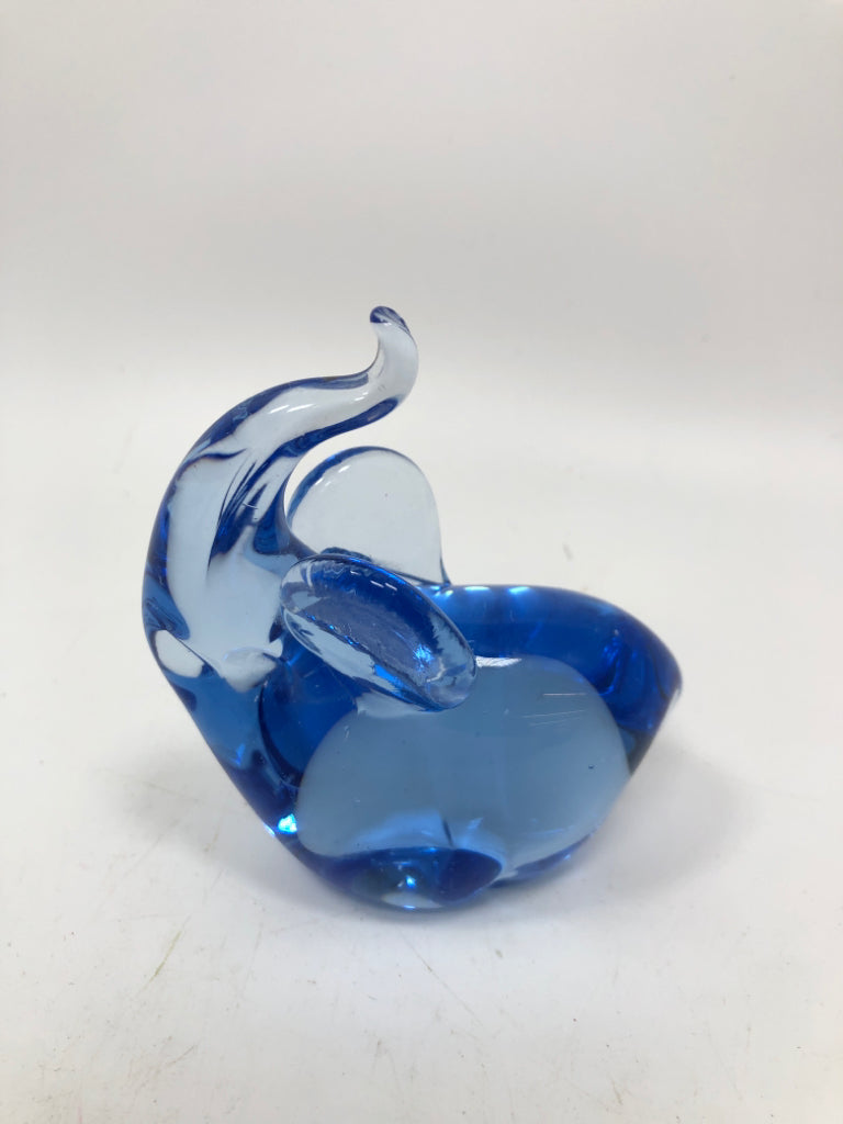 BLUE BLOWN GLASS ELEPHANT PAPERWEIGHT.