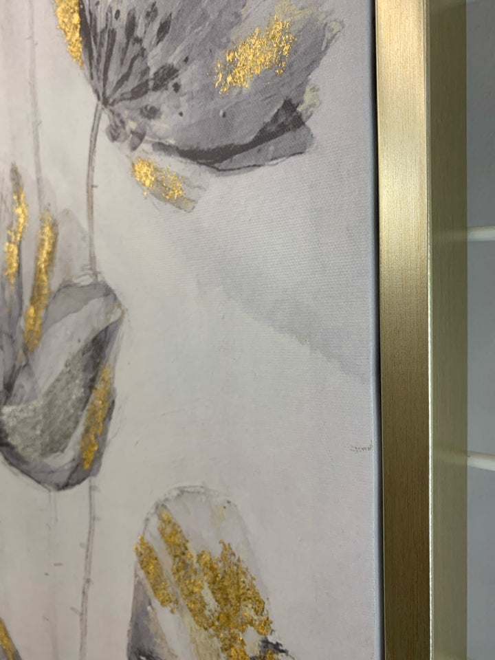 B&W FLORALS ON FRAMED CANVAS W/GOLD DETAILS.