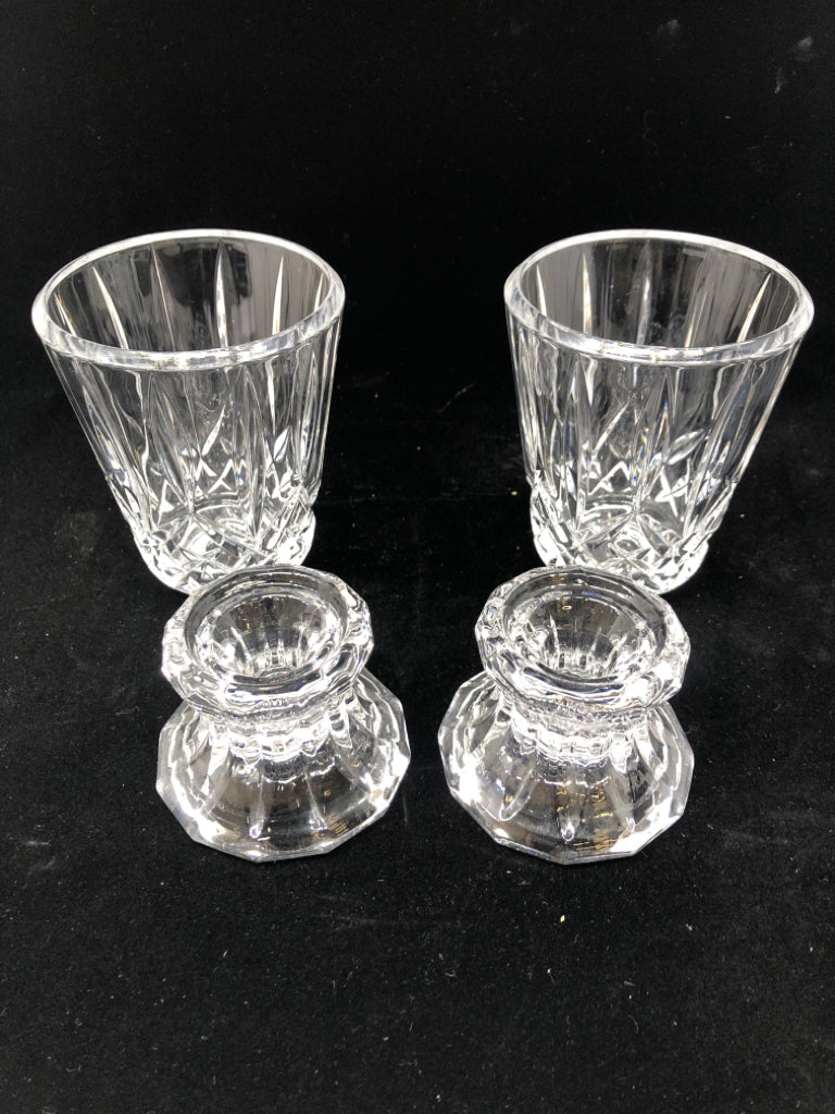 2-2PC CRYSTAL DIAMOND CUT HURRICANE CANDLE HOLDERS.