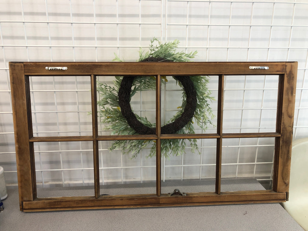 RECLAIMED WOOD WINDOW WALL HANGING W/FAUX WREATH.
