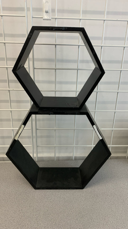 2PC BLACK HEXAGONAL WALL SHELVES.