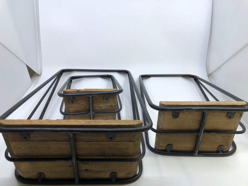 3 RUSTIC WOOD/METAL WALL SHELVES.