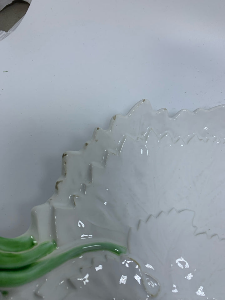 VTG TEXTURED LARGE LEAF PLATTER W/ GREEN STEM MADE IN ITALY.