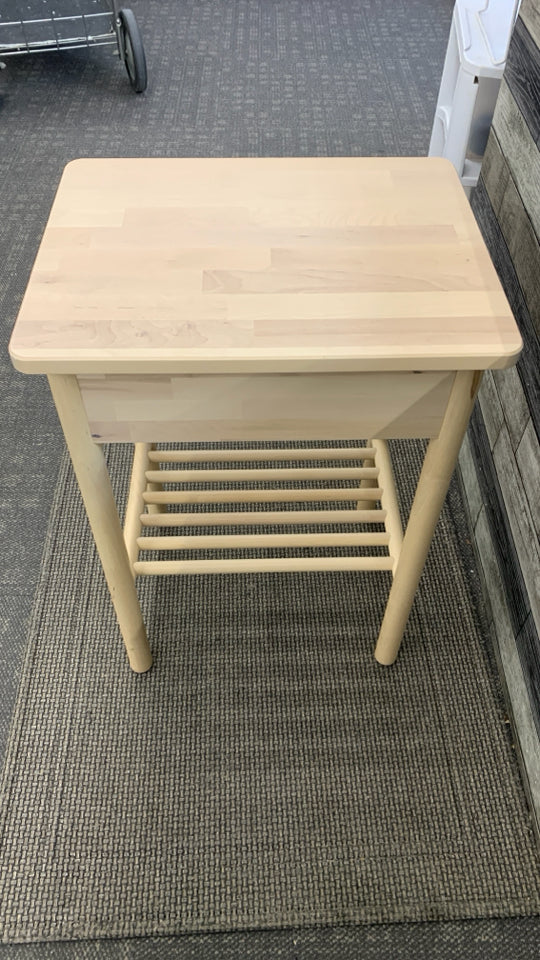 UNFINISHED WOOD NIGHTSTAND W/FAUX LEATHER DRAWER PULL.