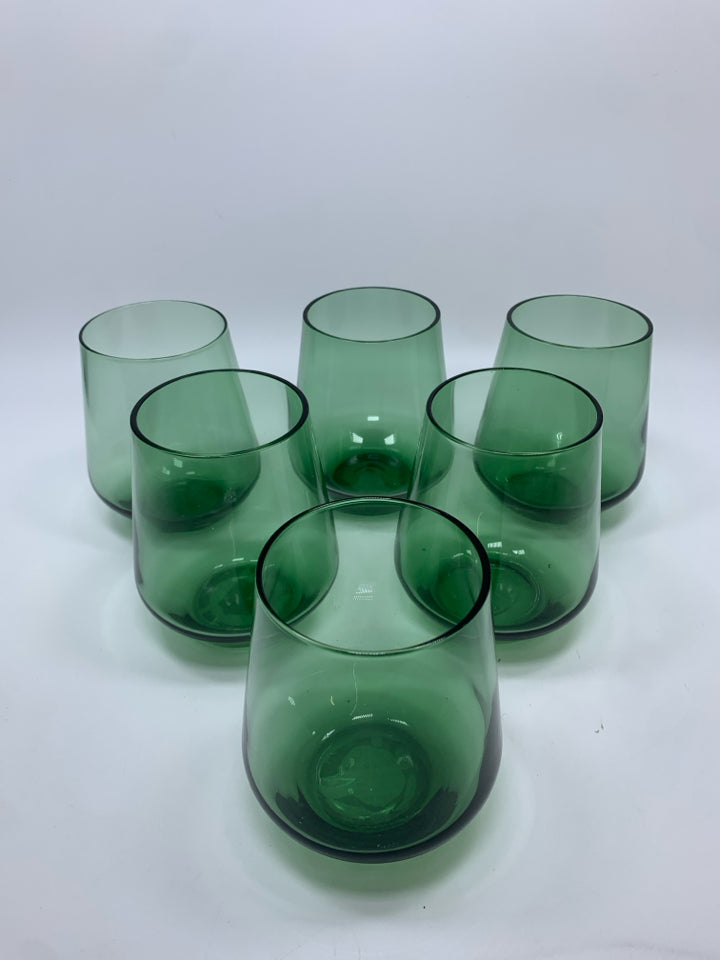 6PC GREEN STEMLESS WINE GLASSES.