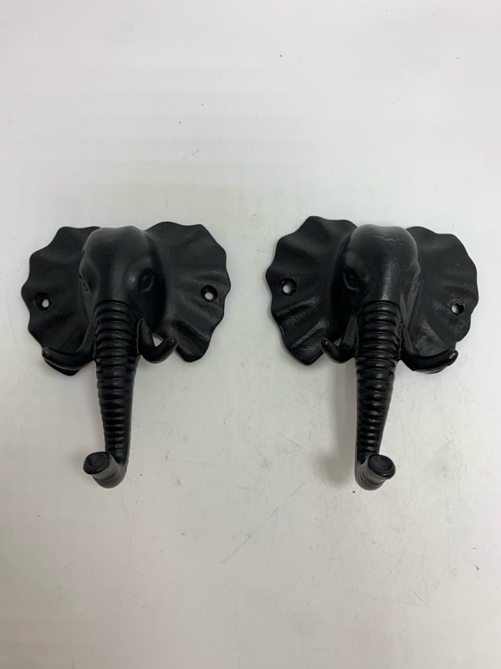 2 BLACK METAL ELEPHANT WALL HOOKS.