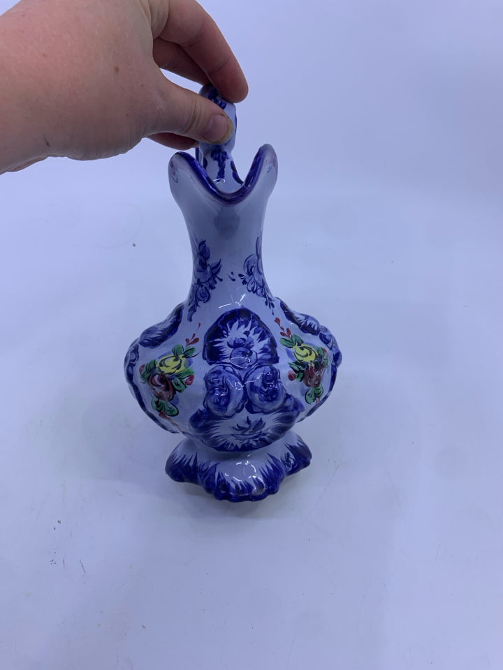 PALE BLUE FLORAL PAINTED PITCHER VASE.