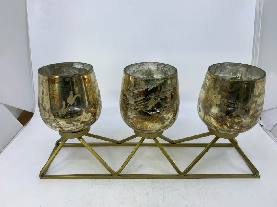 GOLD METAL STAND W/ 3 METALLIC GLASS SHADES TEA LIGHT HOLDER.