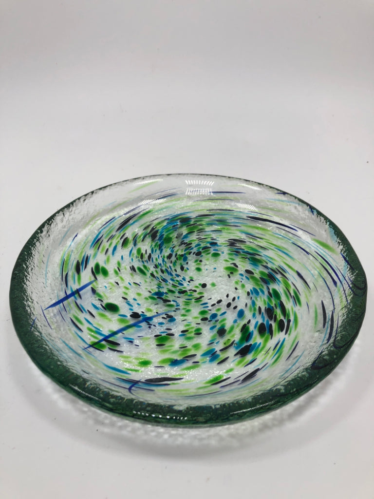 BLUE SWIRL BLOWN GLASS DISH.