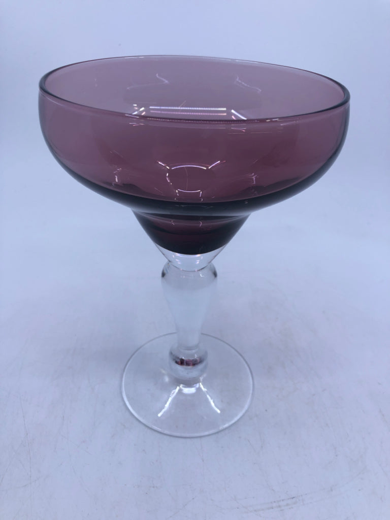 2 PURPLE GLASS MARGARITA GLASSES W/ CLEAR STEMS.