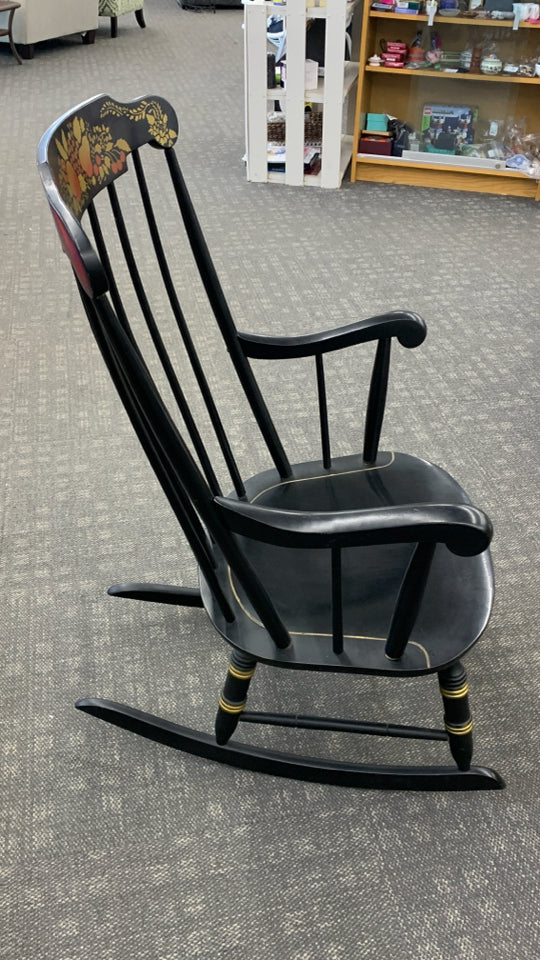 VTG BLACK ROCKING CHAIR W/PAINTED FRUITS.