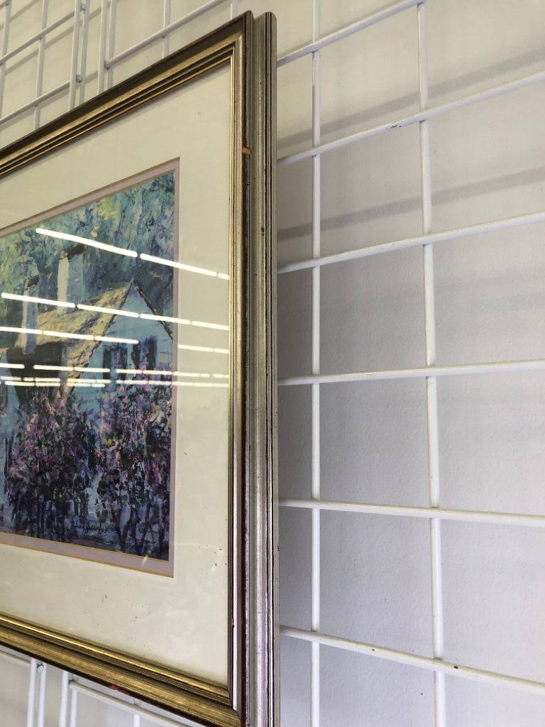 PURPLE FLOWERS COTTAGE FRAMED PAINTING- SIGNED.