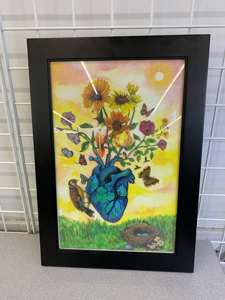 HEART, BIRD & FLOWER PICTURE W/NEST IN BLACK FRAME.