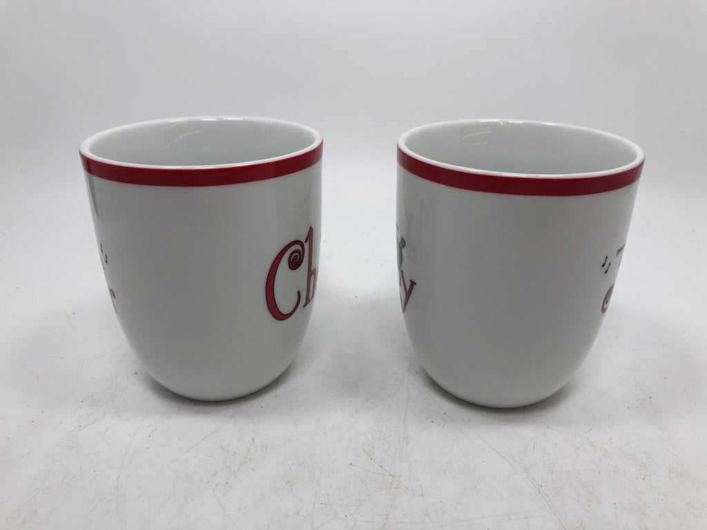 2 WHITE CHEER/JOY MUGS.