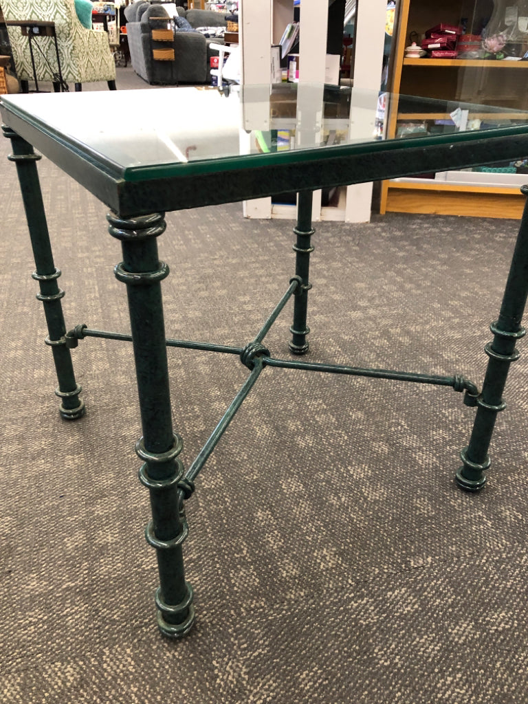 GLASS TOP GREEN METAL SIDE TABLE.