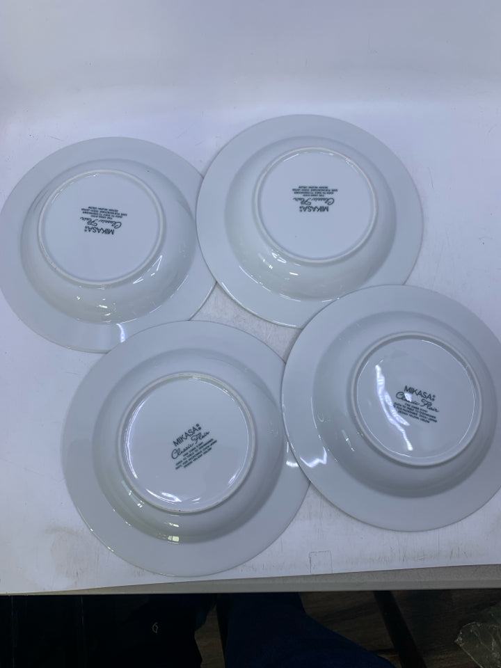 4 WHITE SOUP BOWLS W/ EMBOSSED FLOWER.